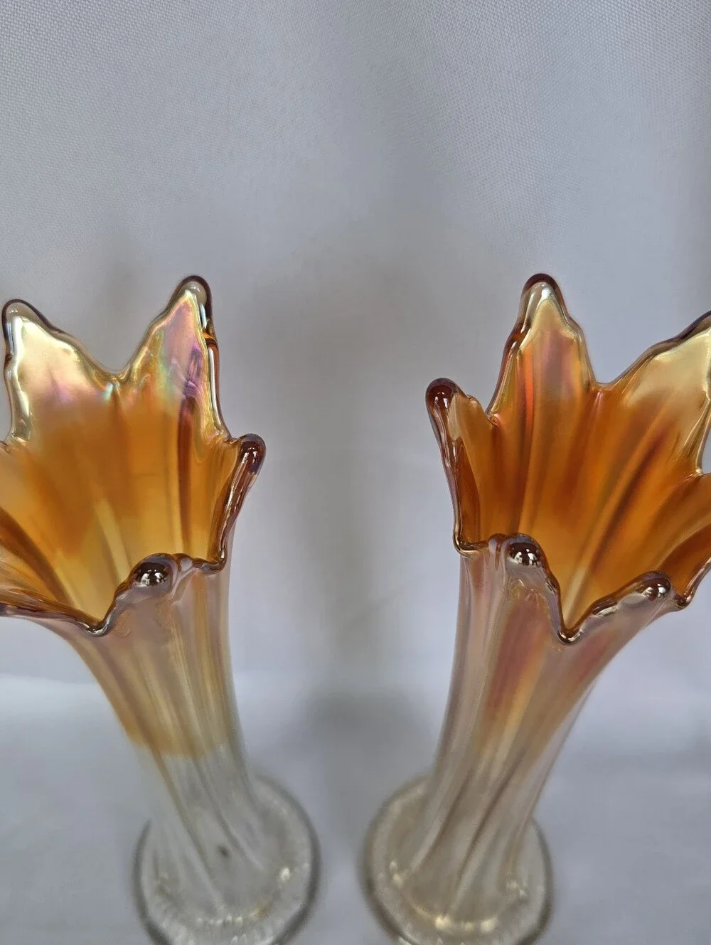Vintage Marigold Carnival Glass Swung Vases Pair Star Crimp Rib